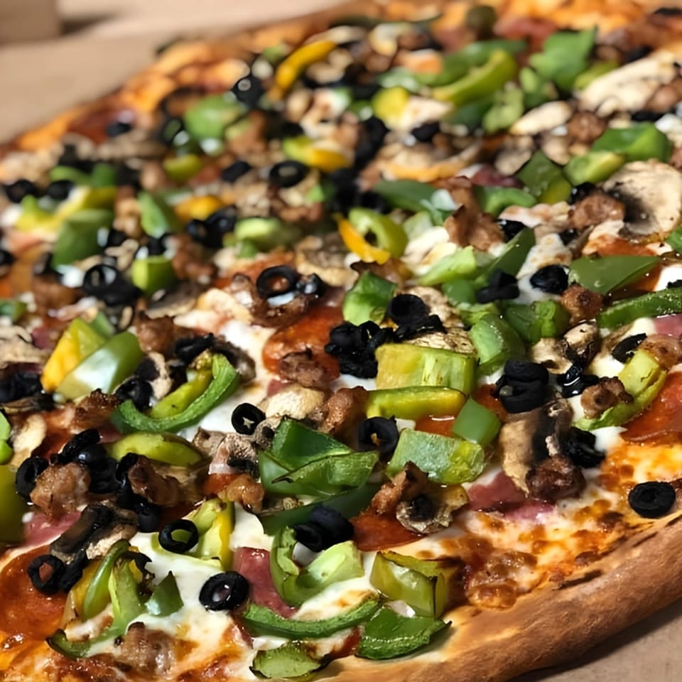 Close-up of a Milans Pizza & Wings pizza, topped with green peppers, black olives, and mushrooms.