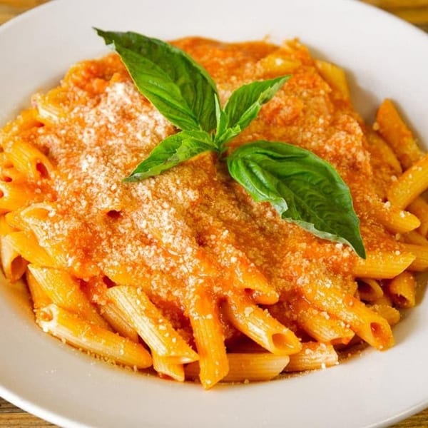 Penne pasta with red sauce, parmesan cheese, and fresh basil on a white plate.